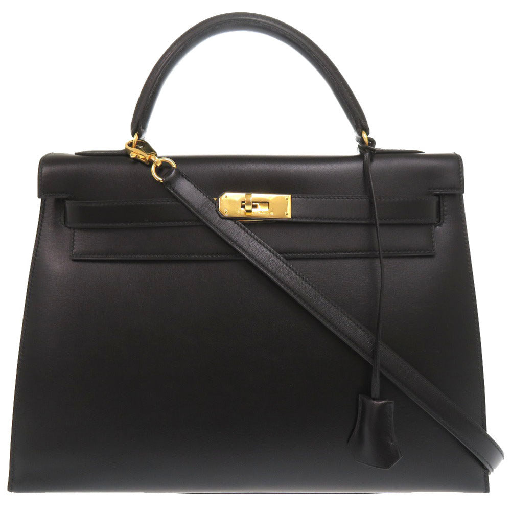美品 エルメス ケリー32 外縫い ボックスカーフ ブラック ゴールド金具 ハンドバッグ 黒 0068 【中古】 HERMES