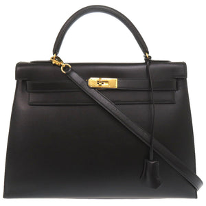 美品 エルメス ケリー32 外縫い ボックスカーフ ブラック ゴールド金具 ハンドバッグ 黒 0068 【中古】 HERMES