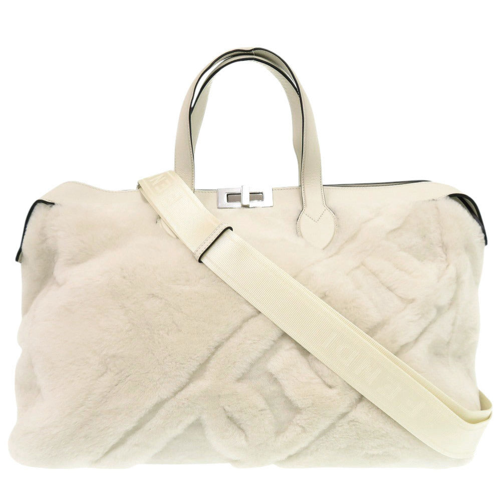 美品 フェンディ レザー ムートン ホワイト 2WAY ショルダー ボストンバッグ 0149【中古】FENDI