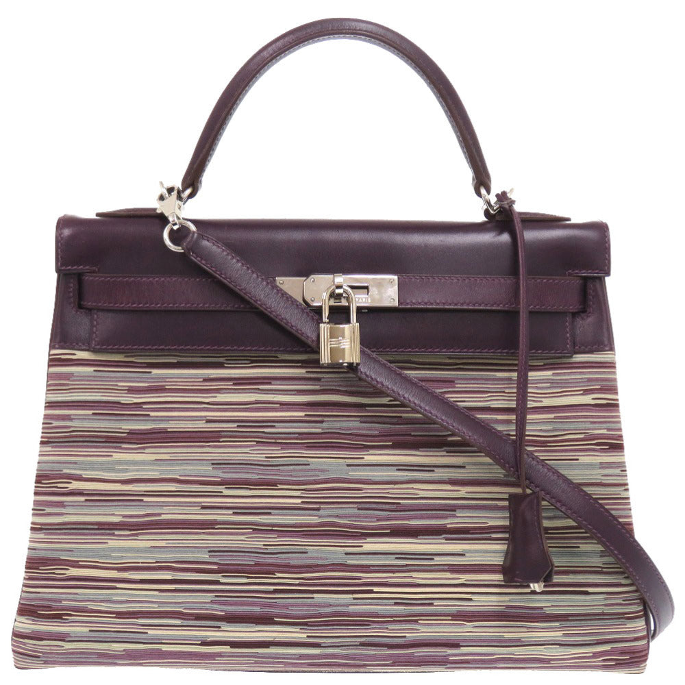 美品 エルメス ケリー32 内縫い ヴィブラート ヴィブラート ボックスカーフ レザン シルバー金具 □J刻印 ハンドバッグ 紫 0162 【中古】 HERMES