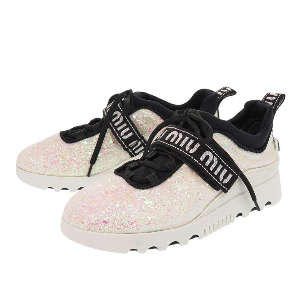 未使用 ミュウミュウ グリッター ロゴストラップ スニーカー 5E613B ポリエステル/コットン ホワイト 白 0251【中古】MIUMIU