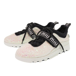 未使用 ミュウミュウ グリッター ロゴストラップ スニーカー 5E613B ポリエステル/コットン ホワイト 白 0251【中古】MIUMIU