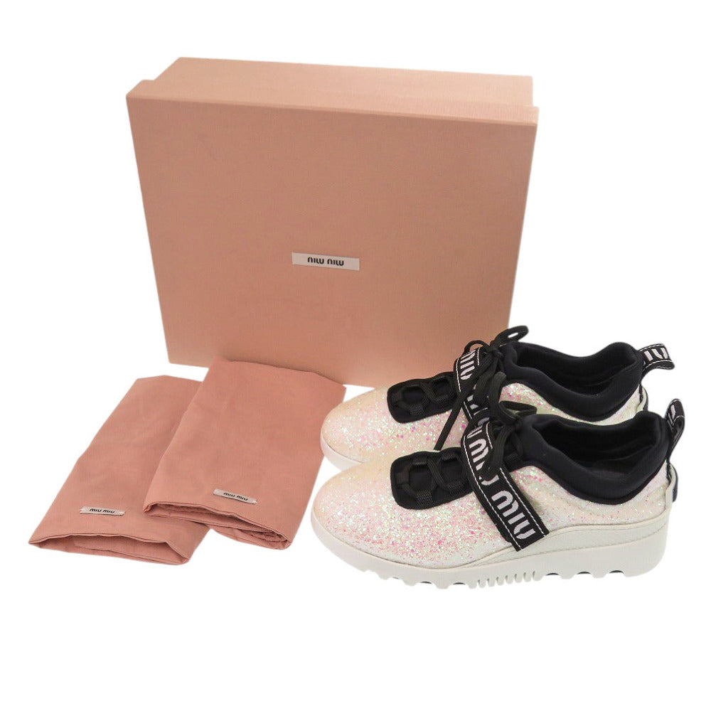 未使用 ミュウミュウ グリッター ロゴストラップ スニーカー 5E613B ポリエステル/コットン ホワイト 白 0251【中古】MIUMIU