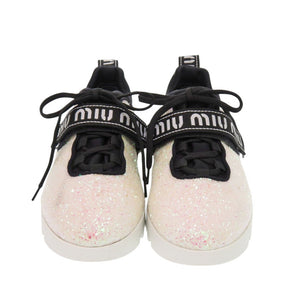 未使用 ミュウミュウ グリッター ロゴストラップ スニーカー 5E613B ポリエステル/コットン ホワイト 白 0251【中古】MIUMIU