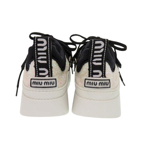 未使用 ミュウミュウ グリッター ロゴストラップ スニーカー 5E613B ポリエステル/コットン ホワイト 白 0251【中古】MIUMIU