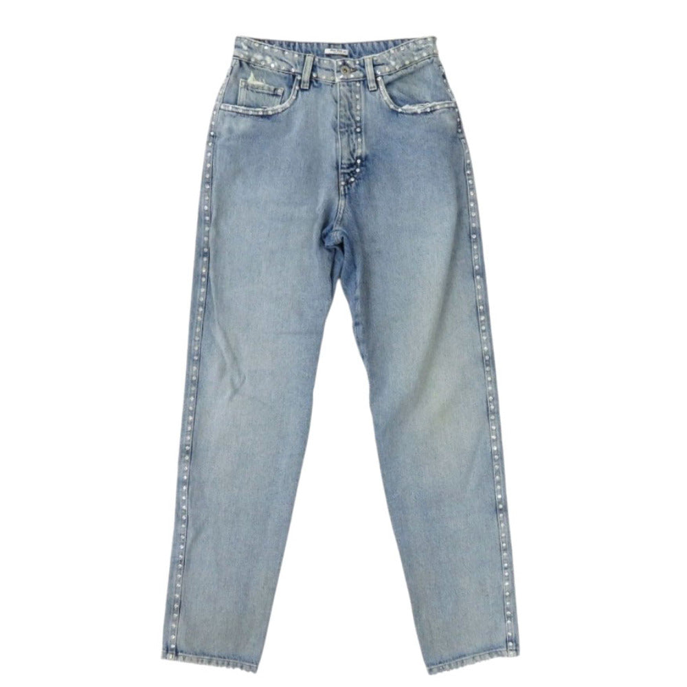 新品同様 ミュウミュウ ラインストーン ジーンズ ダメージ加工 サイズ24 コットン ライトブルー デニムパンツ 0292【中古】MIUMIU