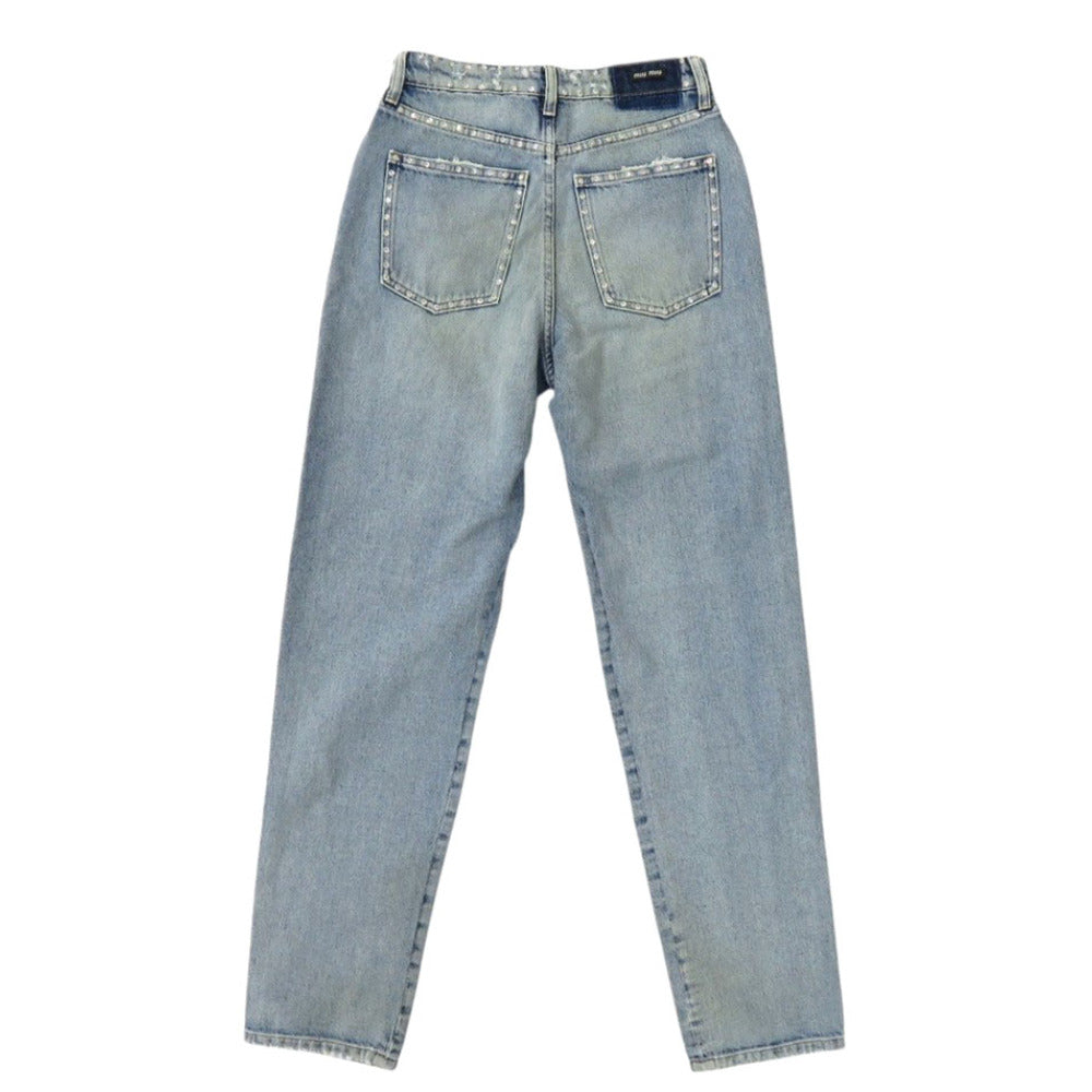 新品同様 ミュウミュウ ラインストーン ジーンズ ダメージ加工 サイズ24 コットン ライトブルー デニムパンツ 0292【中古】MIUMIU