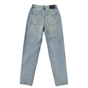 新品同様 ミュウミュウ ラインストーン ジーンズ ダメージ加工 サイズ24 コットン ライトブルー デニムパンツ 0292【中古】MIUMIU