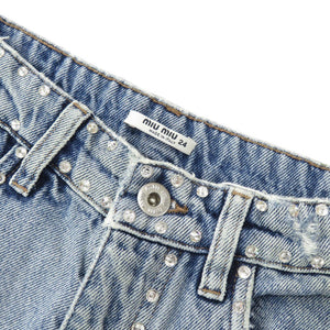 新品同様 ミュウミュウ ラインストーン ジーンズ ダメージ加工 サイズ24 コットン ライトブルー デニムパンツ 0292【中古】MIUMIU
