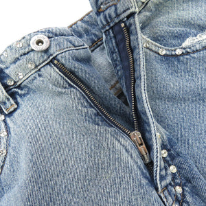 新品同様 ミュウミュウ ラインストーン ジーンズ ダメージ加工 サイズ24 コットン ライトブルー デニムパンツ 0292【中古】MIUMIU