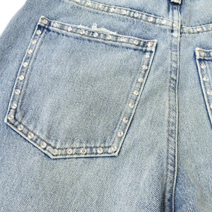 新品同様 ミュウミュウ ラインストーン ジーンズ ダメージ加工 サイズ24 コットン ライトブルー デニムパンツ 0292【中古】MIUMIU