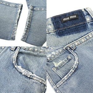 新品同様 ミュウミュウ ラインストーン ジーンズ ダメージ加工 サイズ24 コットン ライトブルー デニムパンツ 0292【中古】MIUMIU