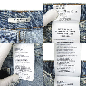 新品同様 ミュウミュウ ラインストーン ジーンズ ダメージ加工 サイズ24 コットン ライトブルー デニムパンツ 0292【中古】MIUMIU