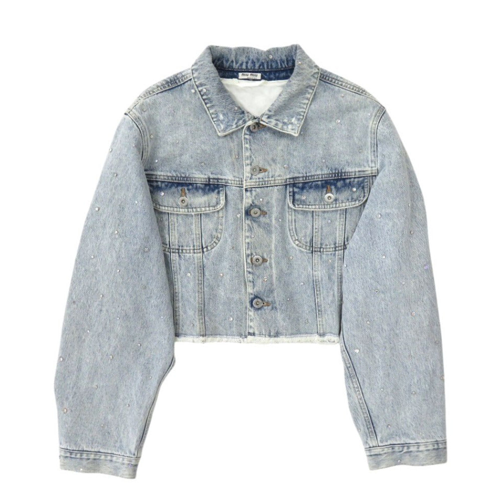 新品同様 ミュウミュウ ラインストーン ダメージ加工 GWB082 サイズ40 コットン ライトブルー デニムジャケット 0293【中古】MIUMIU