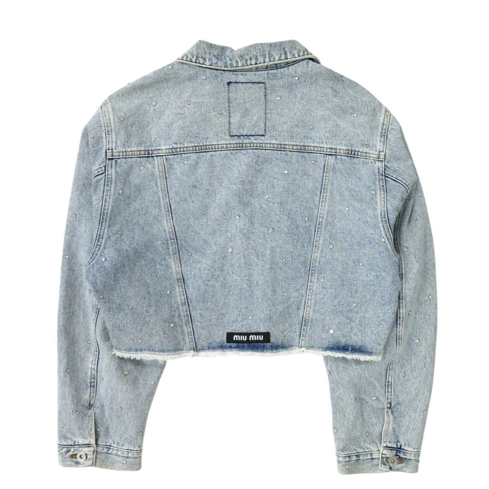 新品同様 ミュウミュウ ラインストーン ダメージ加工 GWB082 サイズ40 コットン ライトブルー デニムジャケット 0293【中古】MIUMIU