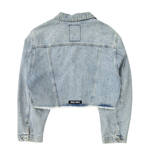 新品同様 ミュウミュウ ラインストーン ダメージ加工 GWB082 サイズ40 コットン ライトブルー デニムジャケット 0293【中古】MIUMIU