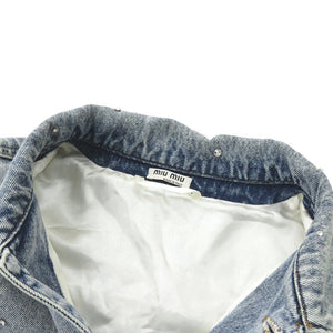 新品同様 ミュウミュウ ラインストーン ダメージ加工 GWB082 サイズ40 コットン ライトブルー デニムジャケット 0293【中古】MIUMIU