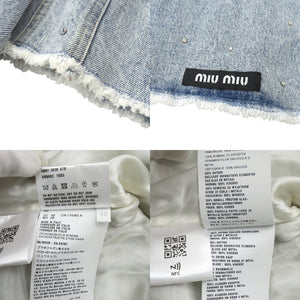 新品同様 ミュウミュウ ラインストーン ダメージ加工 GWB082 サイズ40 コットン ライトブルー デニムジャケット 0293【中古】MIUMIU