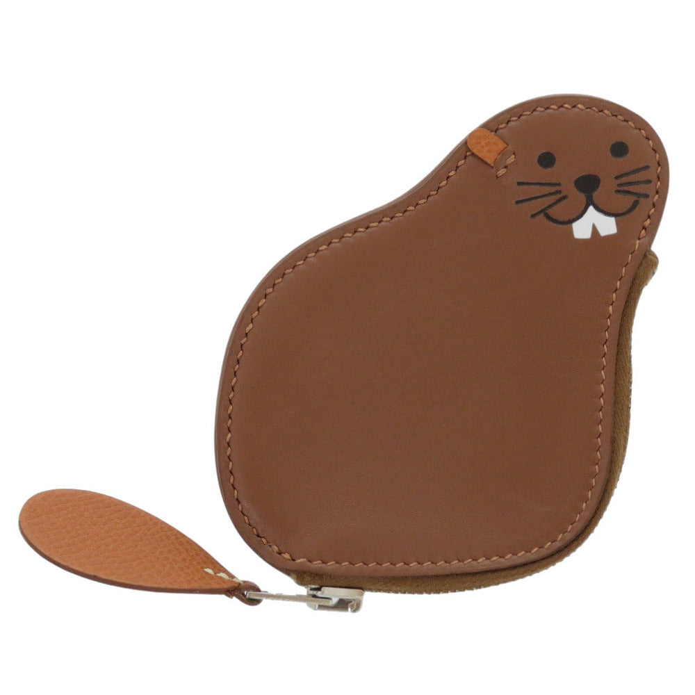 美品 エルメス ビーバー アニマル レザー ブラウン シルバー金具 コインケース 財布 茶 0330【中古】HERMES