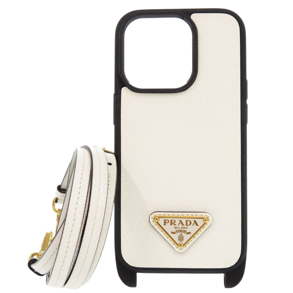 新品同様 プラダ iPhoneケース iPhone14pro トライアングルロゴ サフィアーノレザー ホワイト スマホケース 0366【中古】PRADA