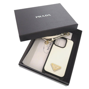 新品同様 プラダ iPhoneケース iPhone14pro トライアングルロゴ サフィアーノレザー ホワイト スマホケース 0366【中古】PRADA