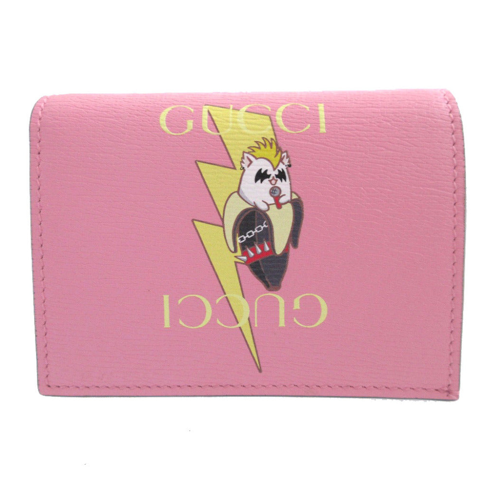 未使用 グッチ ばなにゃコラボ 701009 レザー ピンク 2つ折り財布 財布 0407【中古】GUCCI
