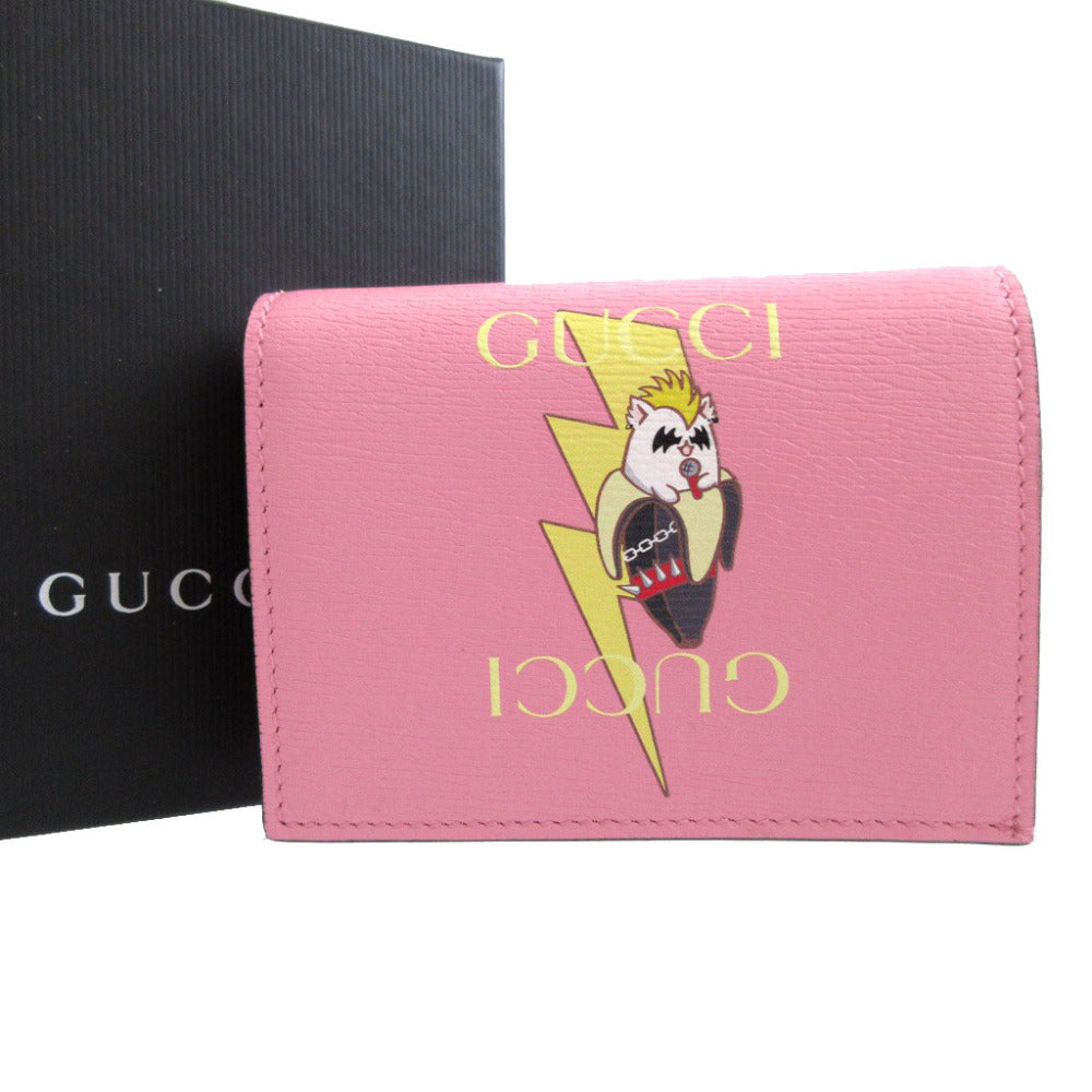 未使用 グッチ ばなにゃコラボ 701009 レザー ピンク 2つ折り財布 財布 0407【中古】GUCCI