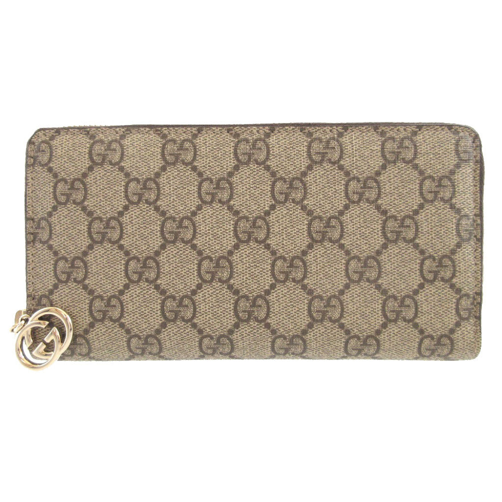 新品同様 グッチ 307982 GGスプリーム レザー ベージュ ブラウン 茶 ラウンドファスナー長財布 財布 0415【中古】GUCCI