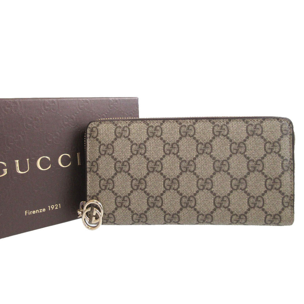 新品同様 グッチ 307982 GGスプリーム レザー ベージュ ブラウン 茶 ラウンドファスナー長財布 財布 0415【中古】GUCCI