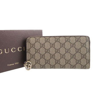 新品同様 グッチ 307982 GGスプリーム レザー ベージュ ブラウン 茶 ラウンドファスナー長財布 財布 0415【中古】GUCCI
