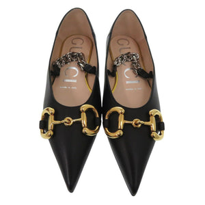 未使用品 グッチ ホースビット フラットシューズ ポインテッドトゥ パンプス 621161 レザー ブラック 0426【中古】GUCCI