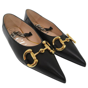 未使用品 グッチ ホースビット フラットシューズ ポインテッドトゥ パンプス 621161 レザー ブラック 0426【中古】GUCCI