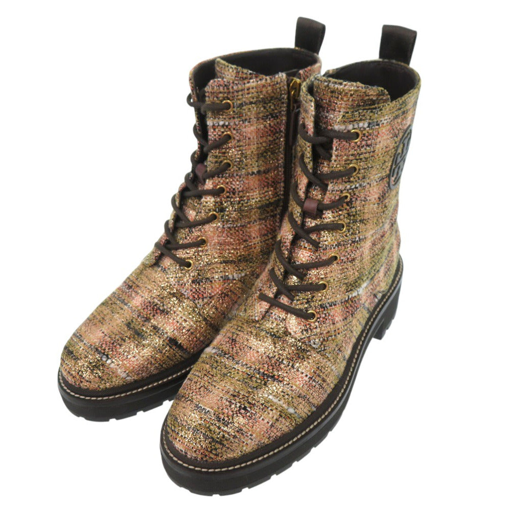 未使用品 トリーバーチ MILLER LUG SOLE BOOTIE コンバットブーツ ツイード ダークブラウン 0540【中古】Tory Burch