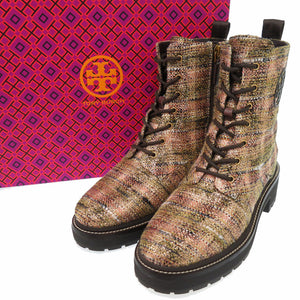 未使用品 トリーバーチ MILLER LUG SOLE BOOTIE コンバットブーツ ツイード ダークブラウン 0540【中古】Tory Burch