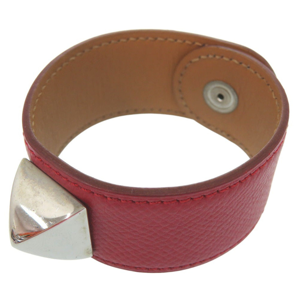 美品 エルメス メドール バングル レザー メタル レッド D刻印 0564【中古】HERMES