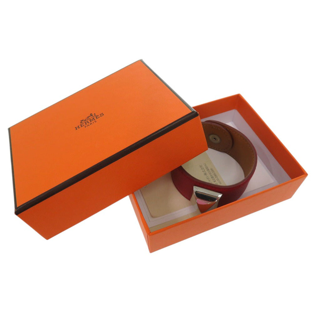 美品 エルメス メドール バングル レザー メタル レッド D刻印 0564【中古】HERMES
