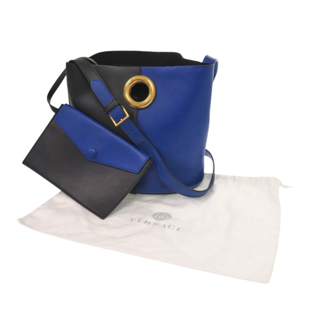 美品 ヴェルサーチ DBFG591 バイカラー レザー ブルー ブラック ショルダーバッグ 黒 青 0691【中古】VERSACE