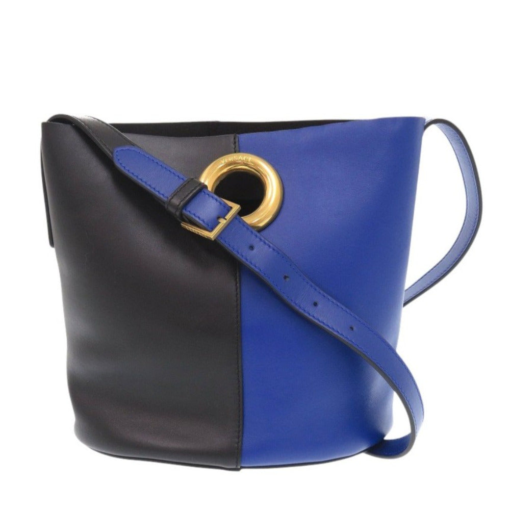 美品 ヴェルサーチ DBFG591 バイカラー レザー ブルー ブラック ショルダーバッグ 黒 青 0691【中古】VERSACE
