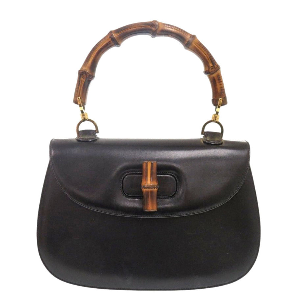 美品 グッチ バンブー ターンロック ヴィンテージ レザー ブラック ハンドバッグ 黒 0715【中古】GUCCI