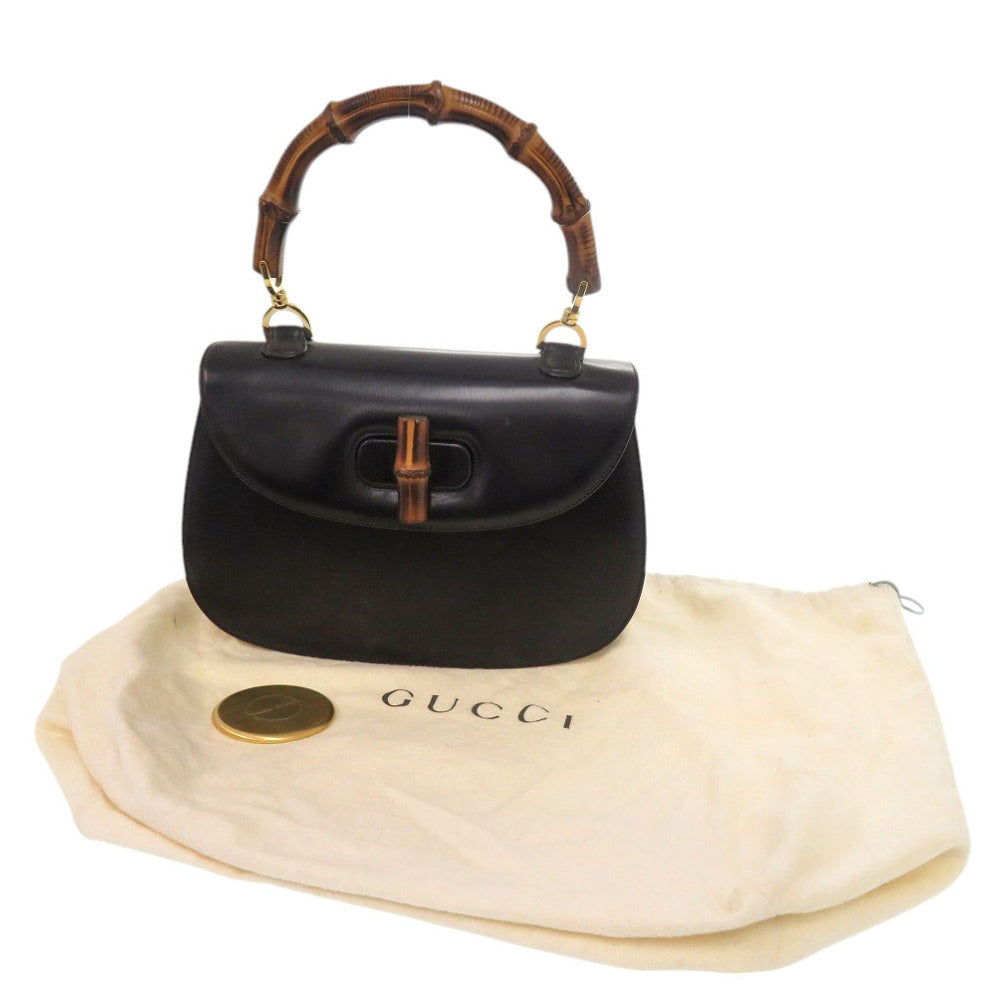 美品 グッチ バンブー ターンロック ヴィンテージ レザー ブラック ハンドバッグ 黒 0715【中古】GUCCI