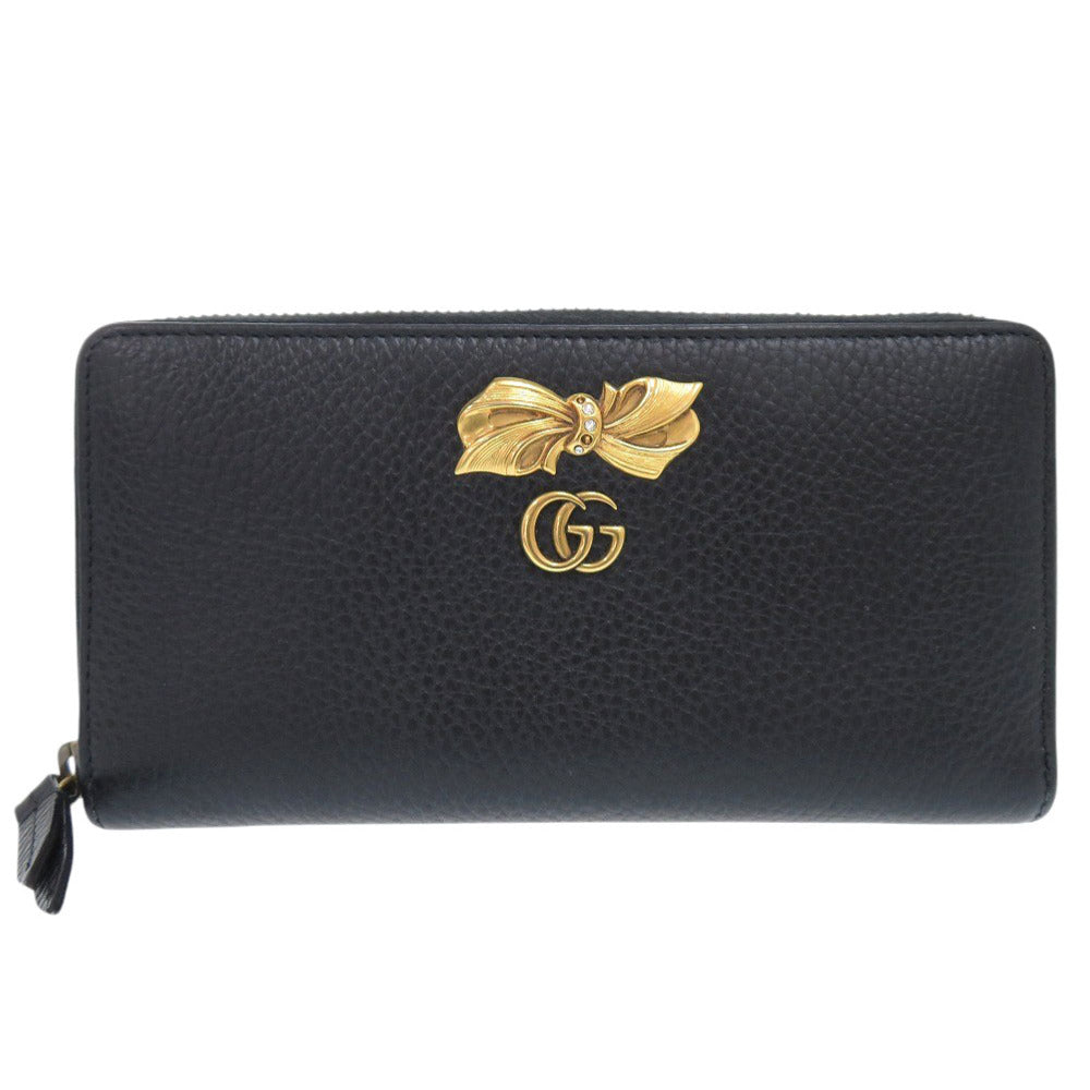 美品 グッチ GGマーモント リボン 524291 レザー ブラック ラウンドファスナー 長財布 0811【中古】GUCCI