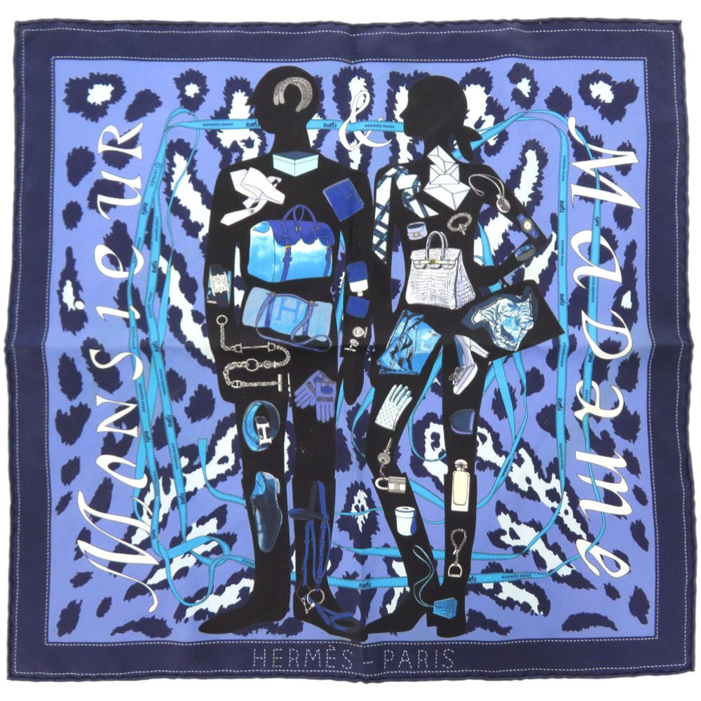 美品 エルメス カレ40 MONSIEUR ET MADAME ムッシュ＆マダム シルク ブルー スカーフ 0821【中古】HERMES