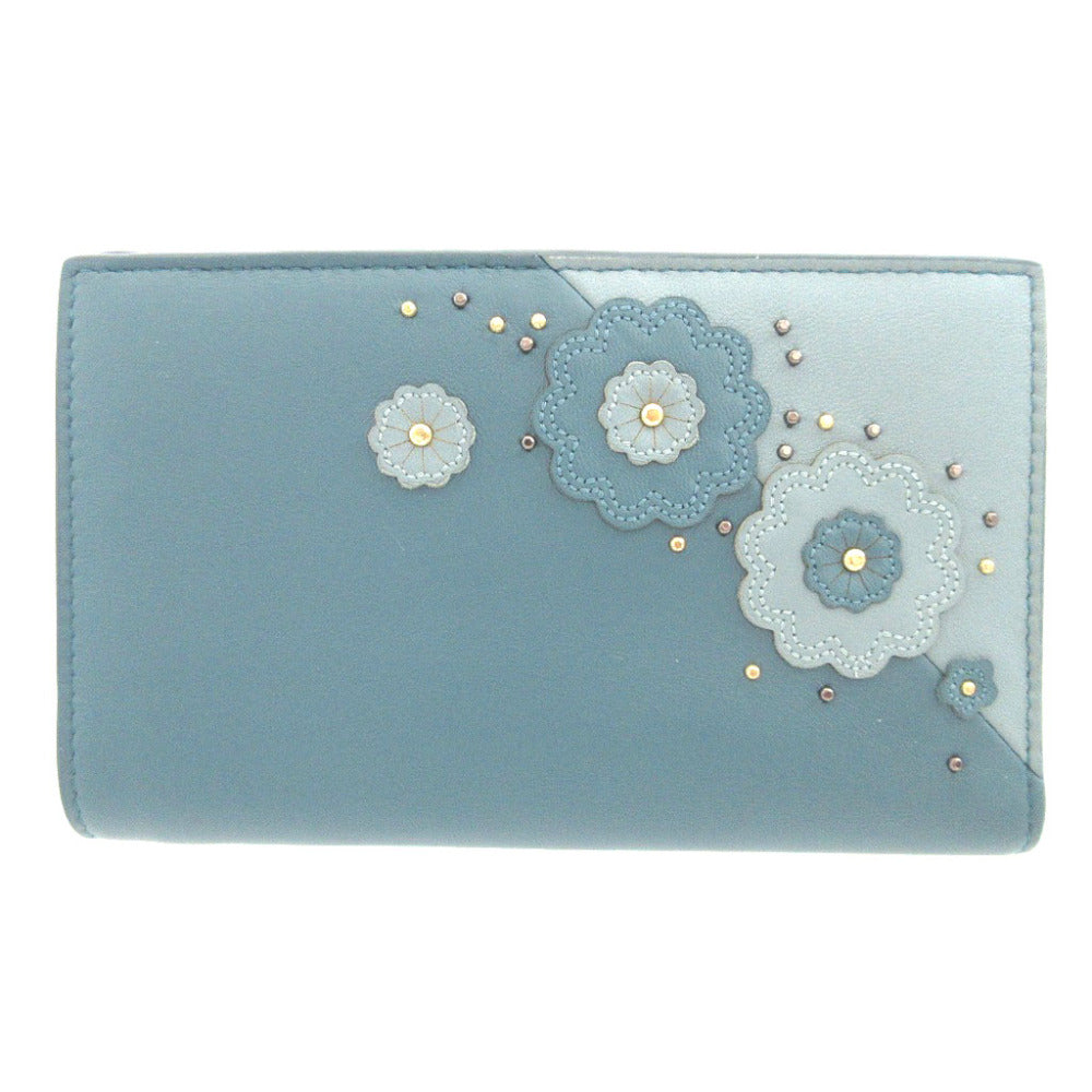 新品同様 ボッテガヴェネタ フラワー レザー ブルー 青 2つ折り財布 財布 0857【中古】BOTTEGA VENETA