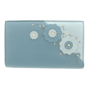 新品同様 ボッテガヴェネタ フラワー レザー ブルー 青 2つ折り財布 財布 0857【中古】BOTTEGA VENETA