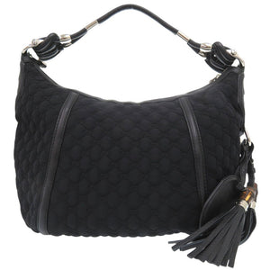 美品 グッチ GGロゴ フリンジ バンブー ワンショルダーバッグ ホースビット ホーボーバッグ ナイロン レザー ブラック 1019【中古】GUCCI
