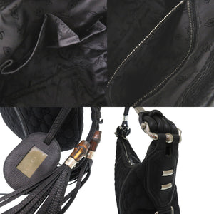 美品 グッチ GGロゴ フリンジ バンブー ワンショルダーバッグ ホースビット ホーボーバッグ ナイロン レザー ブラック 1019【中古】GUCCI