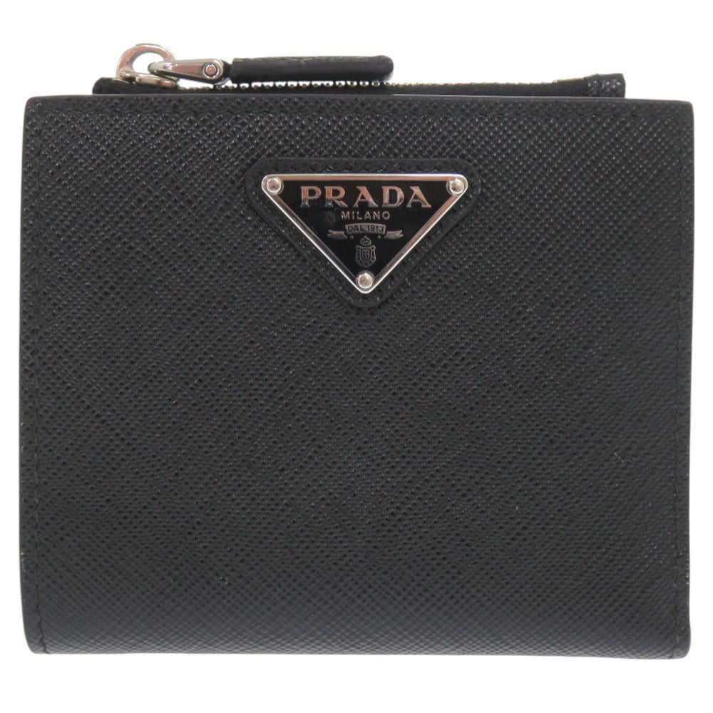 美品 プラダ トライアングルロゴ 2ML049 サフィアーノレザー ブラック 二つ折り財布 1053【中古】PRADA