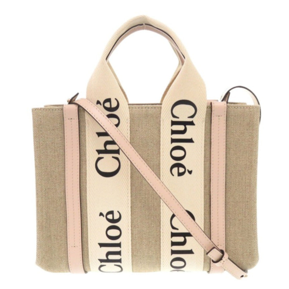 新品同様 クロエ WOODY ウッディ スモール トートバッグ レザー/リネンキャンバス ベージュ ピンク 2wayハンドバッグ 1277【中古】Chloe