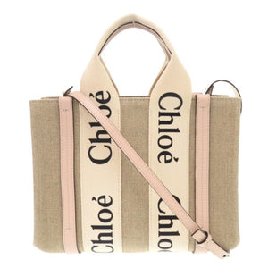 新品同様 クロエ WOODY ウッディ スモール トートバッグ レザー/リネンキャンバス ベージュ ピンク 2wayハンドバッグ 1277【中古】Chloe