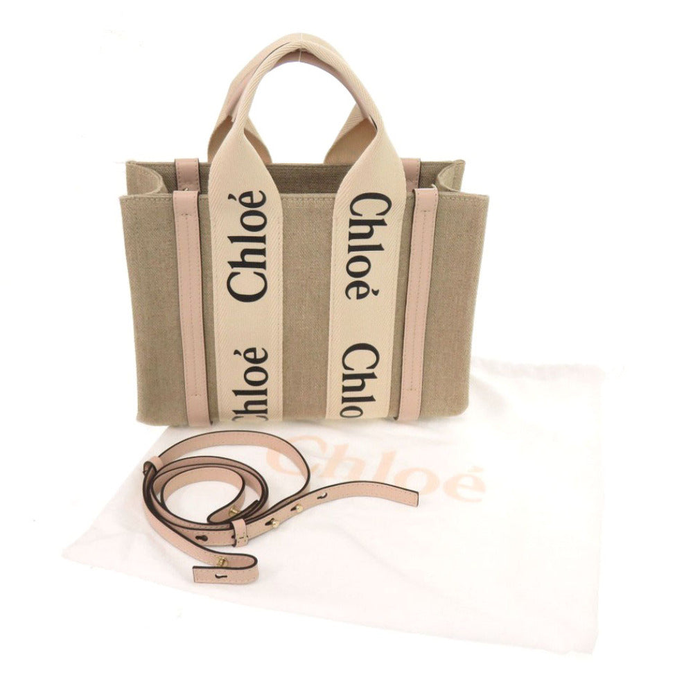新品同様 クロエ WOODY ウッディ スモール トートバッグ レザー/リネンキャンバス ベージュ ピンク 2wayハンドバッグ 1277【中古】Chloe